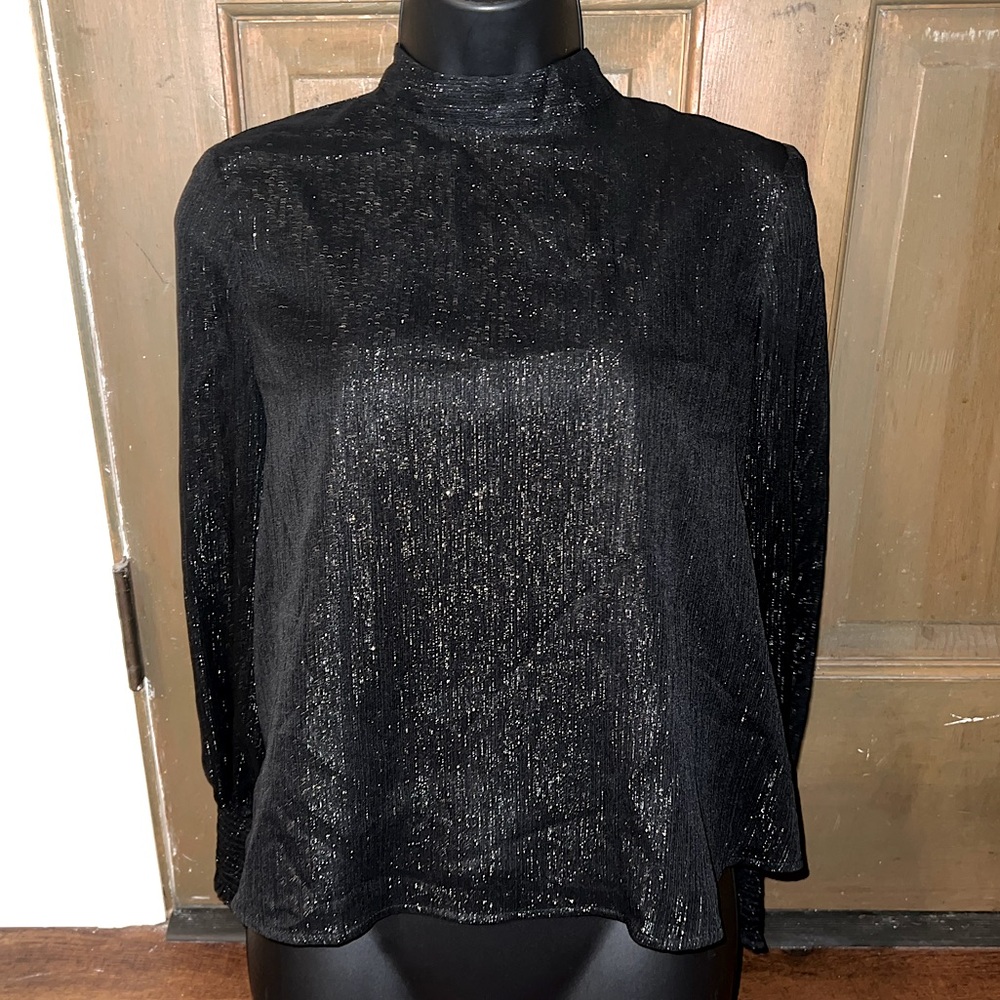 BB Dakota Black Whimsical Chic Shimmer Mock Neck Keyhole Back Blouse Size S - Picture 3 of 15